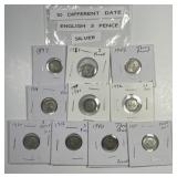 GREAT BRITAIN: Lot of 10 Different Silver 3 Pence
