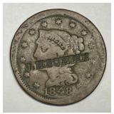 1848 Braided Hair Cent Counterstamped J. H. CONLIN