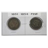 1851 & 1854 Braided Hair Large Cent Pair Fine F