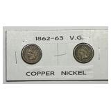 1862 & 1863 Indian Head CN Cent Pair VG
