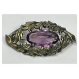 Antique Art Nouveau Amethyst Leaf Brooch Pin