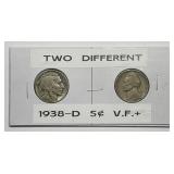 1938-D Buffalo & Jefferson Nickel Pair