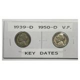 1939-D and 1950-D Jefferson Nickel Pair