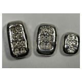Trio of Fractional Poured Silver Bars 1/2oz 5g 10g