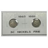 1865 & 1881 Three Cent Nickel 3cN Pair Fine F