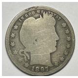 1897-S Barber Silver Quarter About Good AG