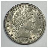 1908 Barber Silver Quarter About Uncirculated AU