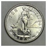 PHILIPPINES: 1944-D Silver 10 Centavos GEM BU