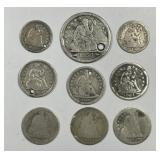 Lot of 9 Silver Seated Liberty Coins