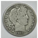 1913 Barber Silver Half KEY DATE Good G