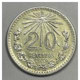 MEXICO: 1939 Silver 20 Centavos AU