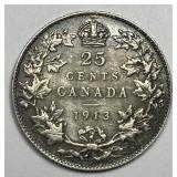 CANADA: 1913 Silver Twenty Five Cents VF/XF
