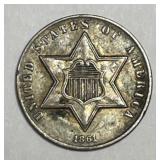 1861 Three Cent Silver 3cS About Uncirculated AU
