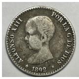 SPAIN: 1892 Silver 50 Centimos King Alfonso XIII