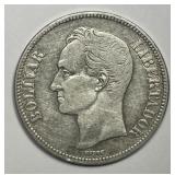 VENEZUELA: 1924 Silver 5 Bolivares