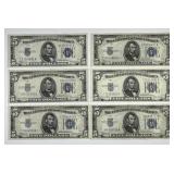 Six 1934 $5 Blue Seal Silver Certificates XF/AU