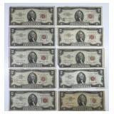 Lot of Ten $2 Red Seal US Notes All AA Block