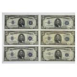 Six 1934 & 1953 $5 Blue Seal Silver Certificates