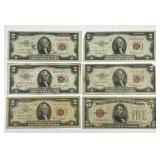 Assortment of 6 Red Seal $2 & $5 US Notes