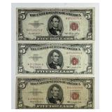 Trio of 1953 & 1963 $5 Red Seal US Notes