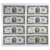 Lot of Eight $2 Red Seal US Notes All AA Block