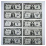 Ten 1957 $1 Silver Certificates AU-UNC