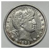 1894 Barber Silver Quarter Very Fine VF details