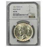 1921 Peace Silver $1 High Relief NGC AU58