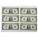 Six Different 1995 $1 FRN Notes Uncirculated CU