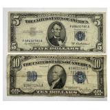 1953-A $5 & 1934-D $10 Silver Certificate Pair
