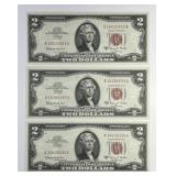 Lot of 3 1953-A $2 Red Seal US Notes AA Block CU