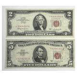 Pair 1963 $2 & $5 Red Seal US Notes * Star * XF
