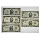 Lot of Five $2 Red Seal US Notes All  AA Block