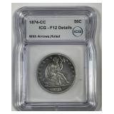 1874-CC Seated Liberty Silver Half ICG Fine detail