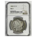 1884-CC Morgan Silver $1 Carson City NGC AG3