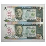 PHILIPPINES: 1989 5 Piso Uncut Sheet of 2 Notes