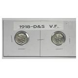 1918 D & S Mercury Silver Dime Pair Very Fine VF