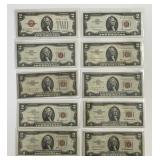 Lot Of 10 Small Size $2 US Note Red Seals