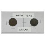1874 & 1875 Indian Head Cent Pair Good G