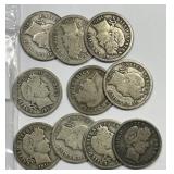 Lot of 10 Different Dated Barber Silver Dimes