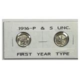 1916 P & S Mercury Silver Dime Pair Uncirculated