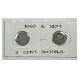 1865 & 1874 Three Cent Nickel Pair