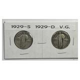1929 D & S Standing Liberty Silver Quarter Pair VG