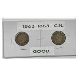 1862 & 1863 Indian Head Cent Copper-Nickel Pair