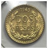 MEXICO: 1945 Gold 2 Peso Uncirculated UNC
