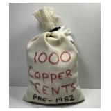 Canvas Bag of 1000 Pre-1982 Copper Lincoln Cents