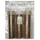 1961-D 1965 1972-D Lincoln Cent Original BU Rolls