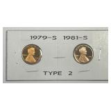 1979-S & 1981-S Lincoln Cent Type 2 Proof Pair