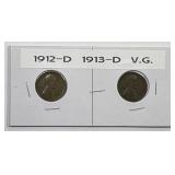 1912-D & 1913-D Lincoln Cent Pair Very Good VG