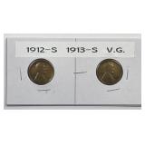 1912-S & 1913-S Lincoln Cent Pair Very Good VG